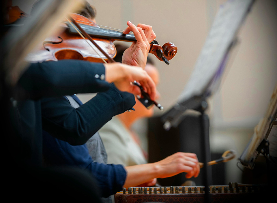 A musician playing a violin within a symphony orchestra setting